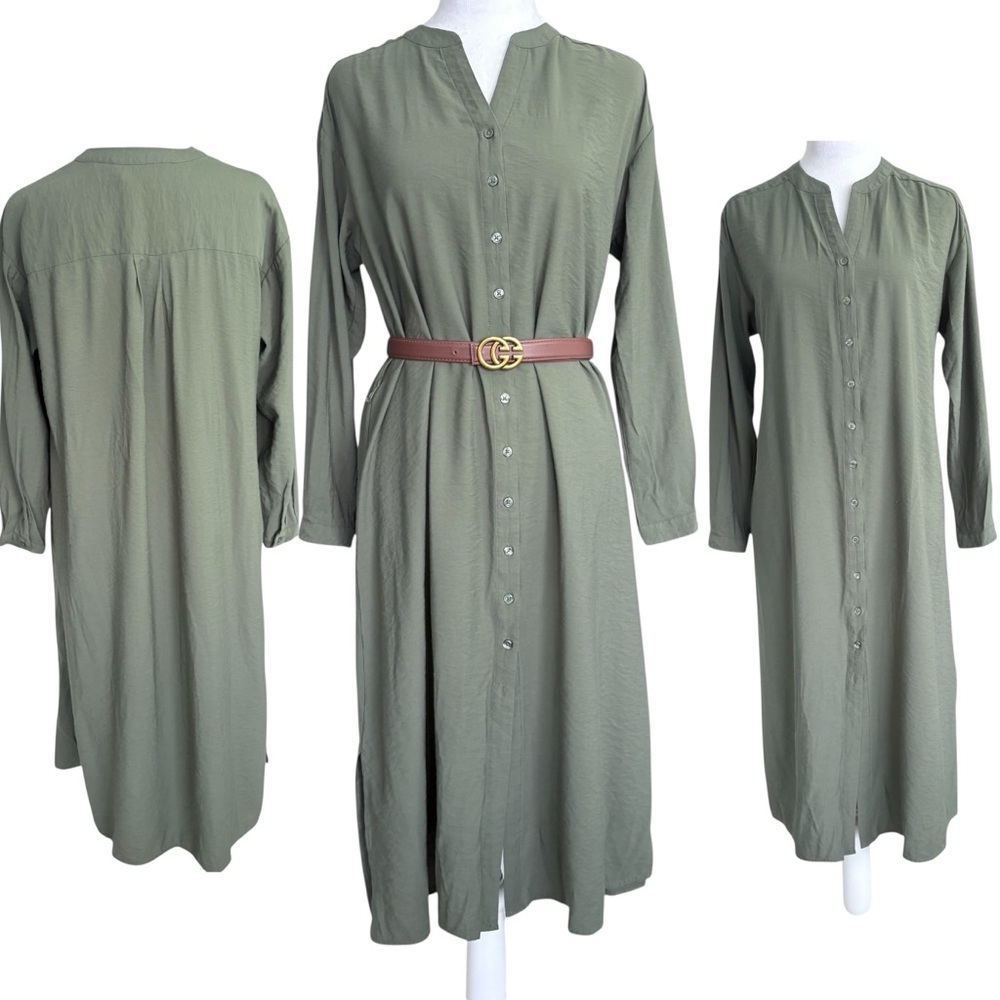 Banana Republic Button-Down Long Sleeve Maxi Kaftan Dress in Olive Green XS Tall - Picture 3 of 9